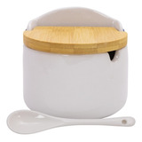 Saleiro Porcelana Luxo Mesa Colher Tampa Fixa Bambu 300gr