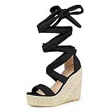 Sandália Feminina Allegra K Plataforma Espadrille Salto Anabela Com Cadarço Preto 7