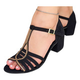 Sandália Feminina Suede Salto Baixo Grosso Casual Strass