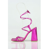 Sandália Salto Grosso Week Shoes De Amarrar Metalizado Pink