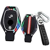 SANRILY Capa De Chaveiro Luminosa Com 2 Botões Para Benz GLK W463 A B S M AMG Classe Sem Chave Para Mercedes Key Shell Com Chaveiro De Couro Preto