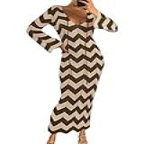 Saodimallsu Vestido De Praia Feminino Listrado Colado Ao Corpo Gola V Gravata Frontal Manga Sino Crochê Vestidos Longos Para Férias Café P