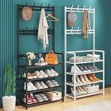 Sapateira Vertical E Cabideiro De Chão Multiuso Organizador De Roupas Com Arara Estilo Madeira Roupeiro Com Ganchos Para Chapéus E Bolsas Suporta 12 Pares De Sapatos Compacto E Resistente
