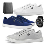 Sapatenis Tenis Casual Kit 3 Pares Relógio Carteira Top