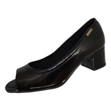 Sapato Preto Salto Baixo Modare Peep Toe Verniz