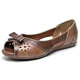 Sapato Sapatilha Peep Toe Laço Couro Feminino Confort Solado Borracha Mulher Elegante Dia A Dia