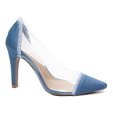 Sapato Scarpin Salto Alto Fino Jeans E Vinil Transparente
