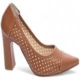 Sapato Scarpin Salto Alto Grosso Bico Fino Feminino Vazado Luxo Premium 9 Cm -Caramelo- BR- Adulto- Numérico- 36-