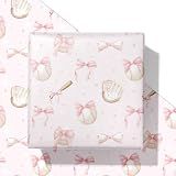 SaringSwoon Papel De Embrulho De Beisebol Para Meninas- Laço Rosa- Presente Esportivo Com Tacos- Bolas- Laços E Estrelas Para Aniversário- Chá De Bebê- Formatura - 71 X 101 Cm- 4 Folhas