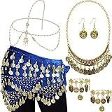 Sasylvia 5 Conjuntos De Joias Femininas Para Dança Do Ventre Conjunto De Joias De Dança Do Ventre Lenço Quadril Envoltório Cinto Corrente Corrente Colar Brincos Borla Pulseiras One Size Zinco Goldstone