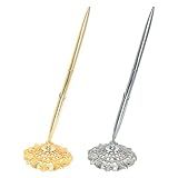Savgkoyt Conjunto De 2 Canetas Redondas Ocas E Porta Canetas De Metal Para Assinar Livro De Visitas Conjunto De Canetas Esferográficas Para Festas De Casamento E Negócios Ouro Prata 