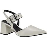 Scarpin Feminino Bico Fino Salto Bloco Confortável Com Fivela Sapato Social 18400 -Off White- BR- Adulto- Numérico- 38-