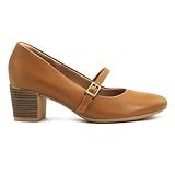 Scarpin Usaflex Feminino Boneca Couro Salto Bloco Tira Fivela Tan Af1207003 35