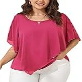 Scomchic Blusas Femininas Plus Size Verão Casual Solto Morcego Manga Curta Chiffon Rodado Blusa Elegante Elegante, Vermelho Rosa, 4g