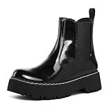 SEEKAVAN Botas Femininas Chelsea Até O Tornozelo Sem Cadarço Sola Grossa Plataforma Patente Preta
