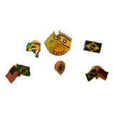 Seis Broches Antigos Bandeira Brasão Brasil C/ Outros Países