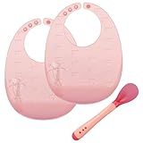 Sem Bagunça - Babador De Silicone Com Coletor De Migalhas - Infantil Bebê- Leve- Macio E Resistente- Cor Azul- Amarelo- Rosa- Verde E Cristal- Kit E Unidade -2 Babador Rosa - 1 Colher-