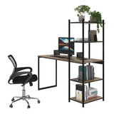 Set Escrivaninha Com 5 Prateleiras Lamina Com Preto Cadeira Mesh Estilo Vintage Madeira E Metal Para Home Office