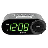 SHARP Despertador Digital Fácil De Ler Com Porta De Carregamento USB De Alta Velocidade De 2 Amperes Carregue Seu Telefone Tablet Com Uma Carga De Alta Velocidade Operação Simples Fácil De Usar Preto LEDs Verdes