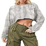 SHBECYDE Camiseta Feminina Camuflada Manga Longa Gola Redonda Camiseta Casual Estampa Folha De Bordo Pulôver Solto Cinza Claro M