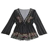 SHENHE Macacão Feminino Floral Bordado Profundo V Manga Longa Transparente Boho Praia Preto Large