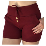 Short Feminino Malha Canelada Bermudinha Bolso Tipo Moletom