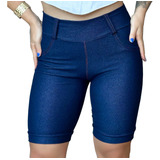 Short Jeans Feminino Bermuda Imita Jeans Cos Alto De Cotton