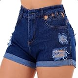 Short Jeans Feminino Cintura Alta Azul Shorts Rasgado Levanta Bumbum Sem Lycra Bermuda Feminina 34 Azul 