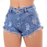 Short Jeans Feminino Cintura Alta Com Lycra Barra Desfiada 46 Azul 