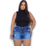 Short Plus Size Jeans Grande Lycra Cós Alto Elastano Premium
