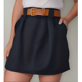 Short Saia Com Cinto Alfaiataria Zíper Lateral E Bolsos Moda