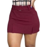 Short Saia Detalhes Lateral Feminino Malha Crepe Com Cinto