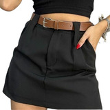 Short Saia Feminino Com Cinto Alfaiataria E Bolsos Moda