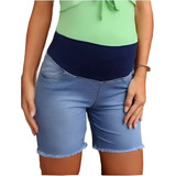 Shorts Bermuda Gestante Jeans Barra Desfiada