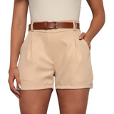 Shorts Feminino Cintura Alta Meia Coxa Alfaiataria C Cinto