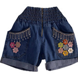 Shorts Jeans Customizado Flores Strass