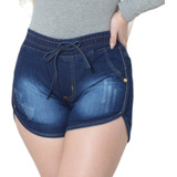 Shorts Jeans Feminino Bolsos Elástico Cintura Alta Lycra