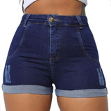 Shorts Jeans Feminino Cintura Alta Barra Dobrada Com Lycra 
