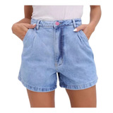 Shorts Jeans Feminino Cintura Alta Bolso Faca Azul Claro