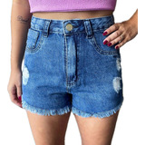 Shorts Jeans Feminino Cintura Alta Destroyed Azul Escuro