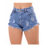Shorts Jeans Feminino Cintura Alta Rasgado Hot Pants