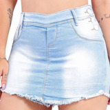 Shorts-saia Jeans Feminino Cintura Alta Desfiado Top Elastan