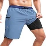 SILKWORLD Calção De Banho Masculino Com Forro De Compressão 22 Cm De Comprimento 2 Em 1 Short De Praia De Secagem Rápida Com Bolsos- Azul Acinzentado- M