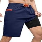 SILKWORLD Calção De Banho Masculino Com Forro De Compressão 23 Cm- Short De Praia De Secagem Rápida 2 Em 1 Com Bolso Com Zíper- Azul Marinho- M