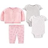 Simple Joys By Carter's Conjunto De 4 Peças, Jaqueta, Calça E Body Para Bebês Meninas, Cinza/rosa/corações Brancos/gato, 0-3 Meses