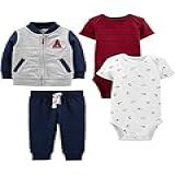 Simple Joys By Carter's Conjunto De 4 Peças, Jaqueta, Calça E Body Para Bebês Meninos, Cinza/azul Marinho/listras Vermelhas/esportes Brancos, 3-6 Meses