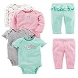 Simple Joys By Carter's Conjunto De 6 Peças Para Bebês Meninas (manga Curta E Comprida) E Calça, Elefante Verde-água/bolinhas Cinzas/listras Rosas/animais Brancos Da Floresta, 24 Meses
