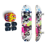 Skate Infantil Semi Profissional 79cm Kit Proteção Radical Cor Branco rosa