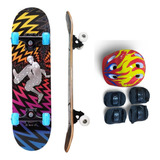 Skate Infantil Semi Profissional 79cm Kit Proteção Radical Cor Preto colorido