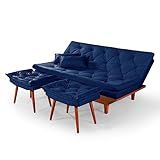 Sofá Cama Caribe 3 Lugares Com 2 Banqueta Tecido Suede Cor Azul Marinho